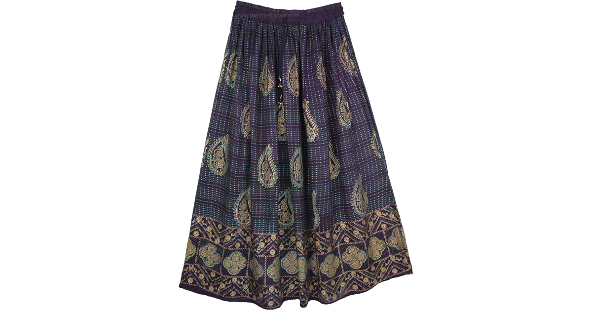 Navy Golden Paisley Print Rayon Skirt | Misses, Beach, Printed