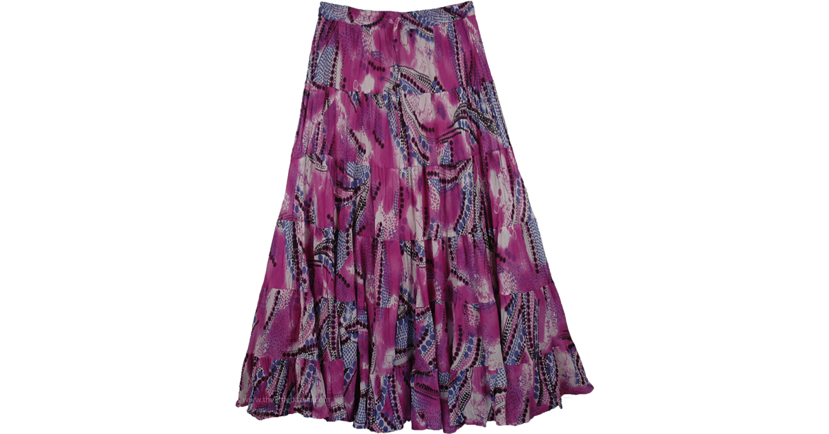 Purple Printed Summer Cotton Six Tiered Long Skirt Purple Misses Tiered Skirt Vacation 0502