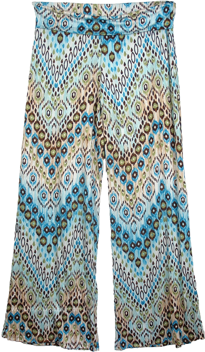 Yoga Pants Blue Printed Fold Over Waist | Split-Skirts-Pants, Yoga