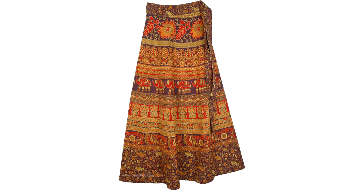 Animal Cocoa Bean Ethnic Wrap Skirt | Brown | Wrap-Around-Skirt, Fall