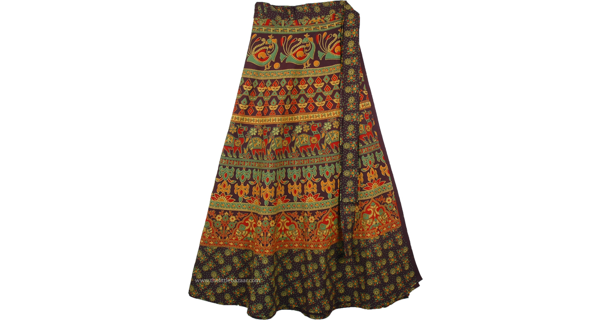 Deep Cocoa Fall Ethnic Wrap Skirt with Camel Print | Brown | Wrap ...