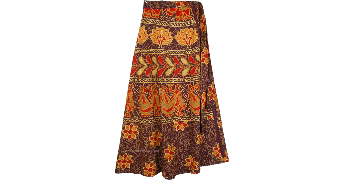 Ethnic Long Wrap Skirt with Folk Patterns | Brown | Wrap-Around-Skirt ...