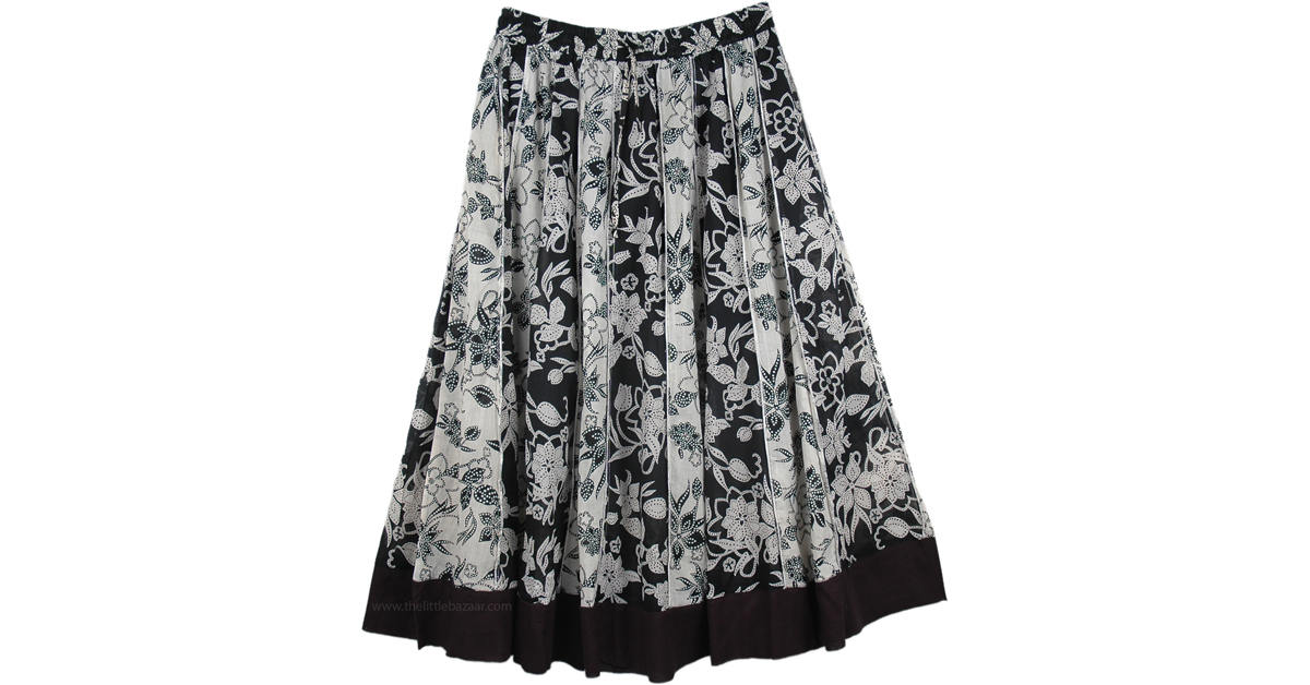 Black White Vertical Patchwork Cotton Skirt | Black | Patchwork, Printed