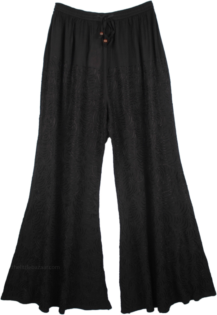 Black Embroidered Rayon Wide Leg Lounge Pants, Black
