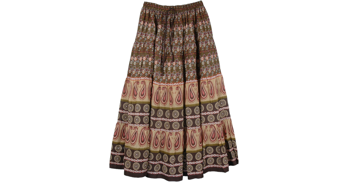 Tribal Printed Long Cotton Skirt | Brown | Printed, Fall