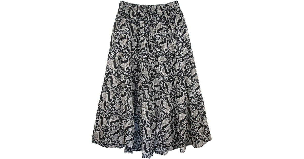 Black White Paisley Print Skirt in Cotton | Black | Printed