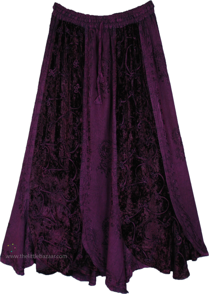 Luxe Purple Velvet Embroidered Panels Maxi Skirt