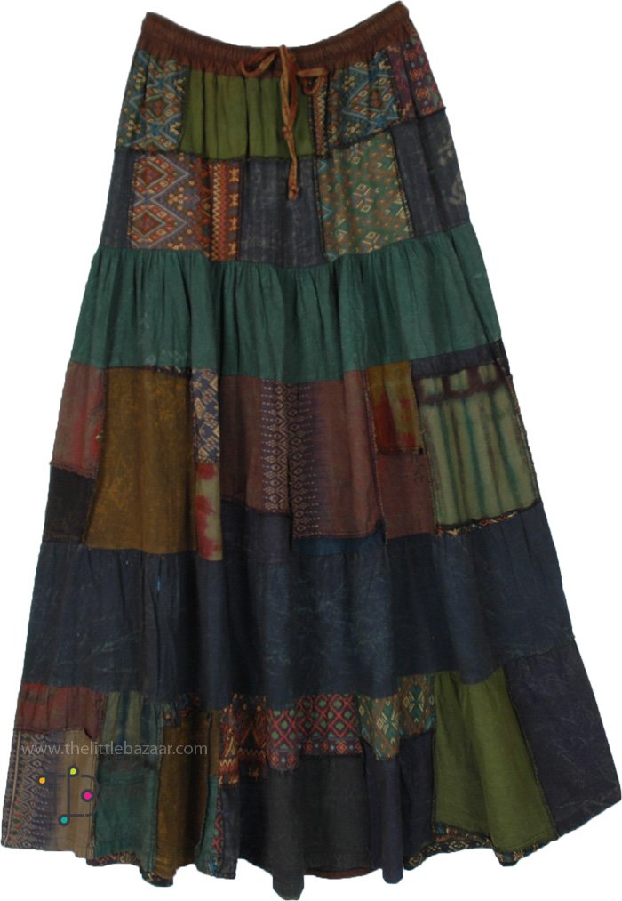 Plus Size Dark Fusion Cotton Patchwork Maxi Skirt