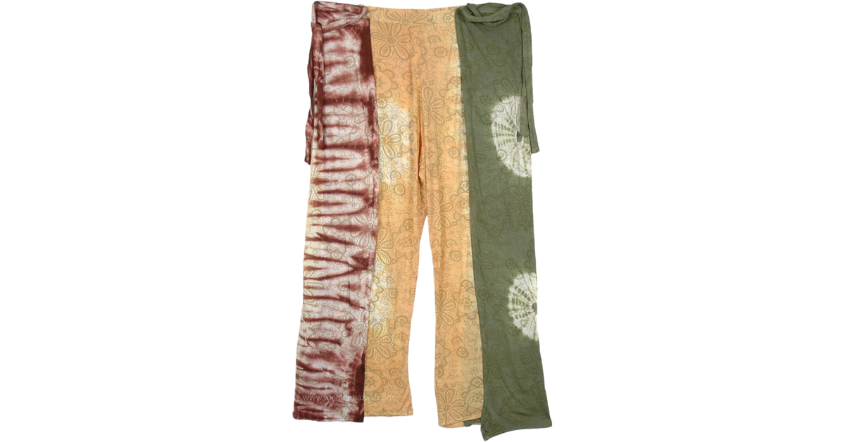 Floral Tricolor Tie Dyed Wrap Around Tie Palazzo Pants Brown Split Skirts Pants Misses 7280