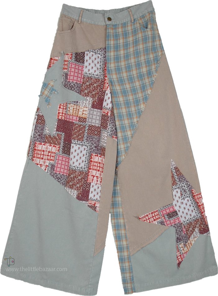 Sage Gray Wide Leg Mix Match Patchwork Star Trousers