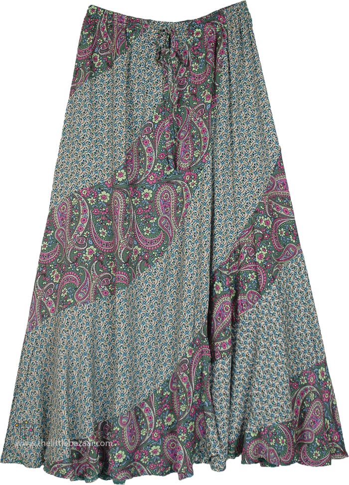 Tiered Patchwork Skirt with Elastic Waist, Flowy Maxi Skirt with Pastel Paisley Mix and Match Print