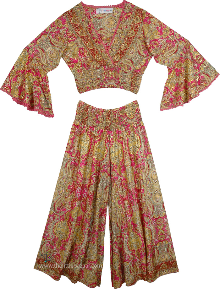 Summer Petals Wide Leg Pants and Crop Top Set