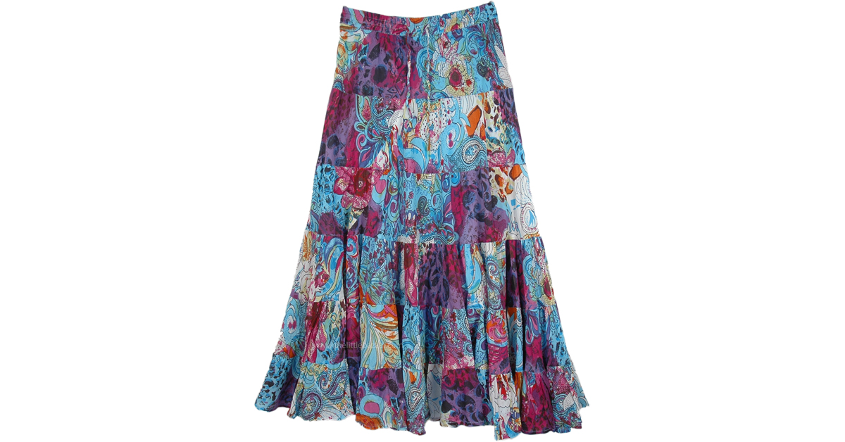 Pretty Paisley Blue Printed Skirt Long | Blue | Printed, Tiered-Skirt
