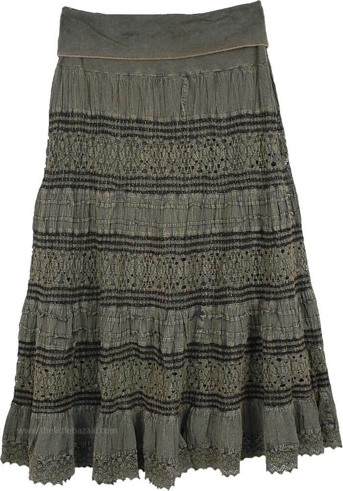 Stonewashed Green Long Skirt with Yoga Waistband, Camouflage Net Hippie Maxi Long Skirt
