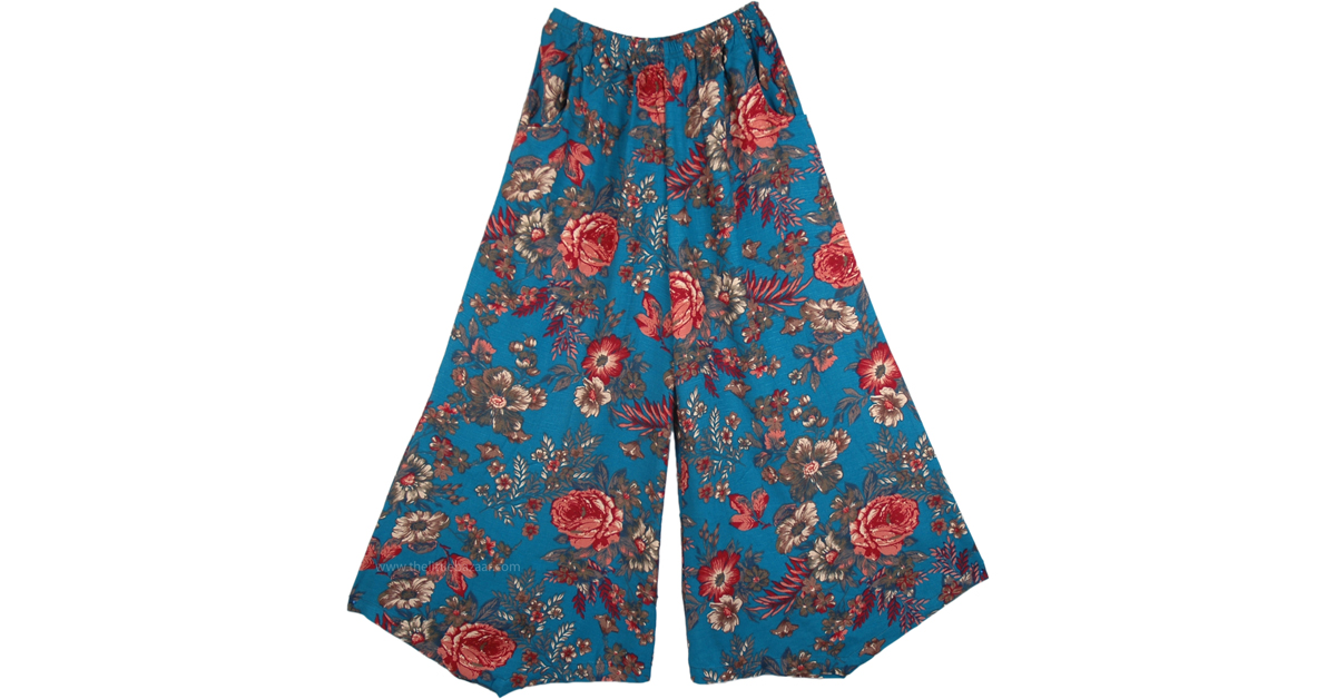 Blumine Floral Print Wide Leg Pants with Pockets | Blue | Split-Skirts ...