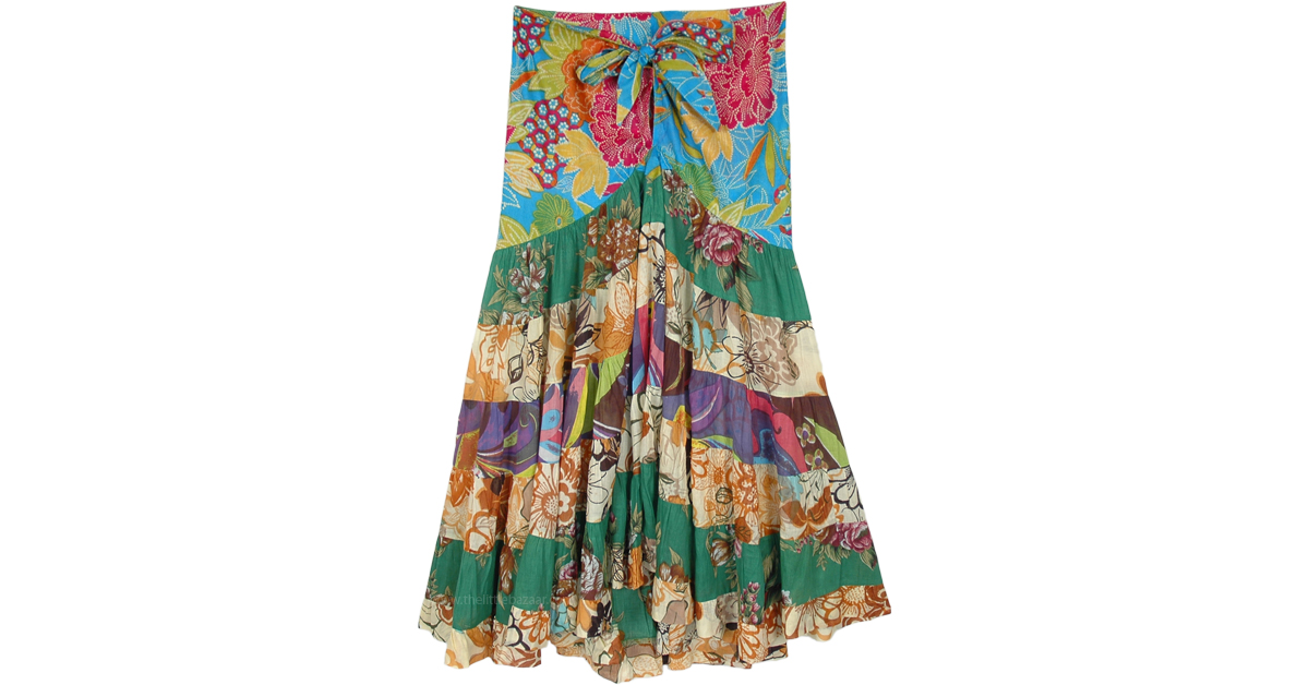 Multicolored Upcycled Floral Patchwork Skirt with Tie-Up Waist ...