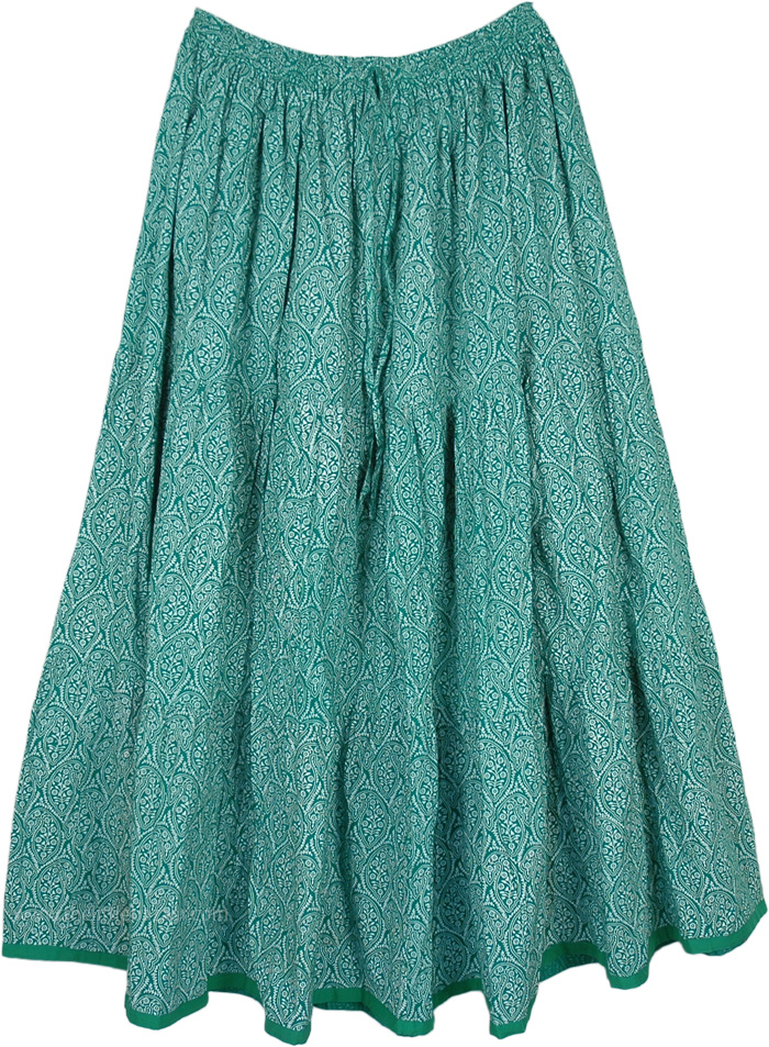 Tiered Green Cotton Summer Long Skirt in A Floral Print