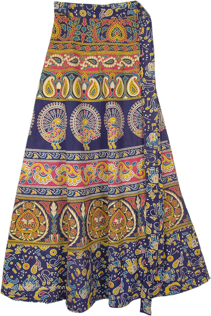 Navy Blue Wrap Skirt with Colorful Peacock Designs | Blue | Wrap-Around ...