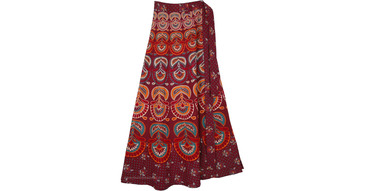 Ethnic Block Print Wrap Skirt in Firebrick Red | Red | Wrap-Around ...