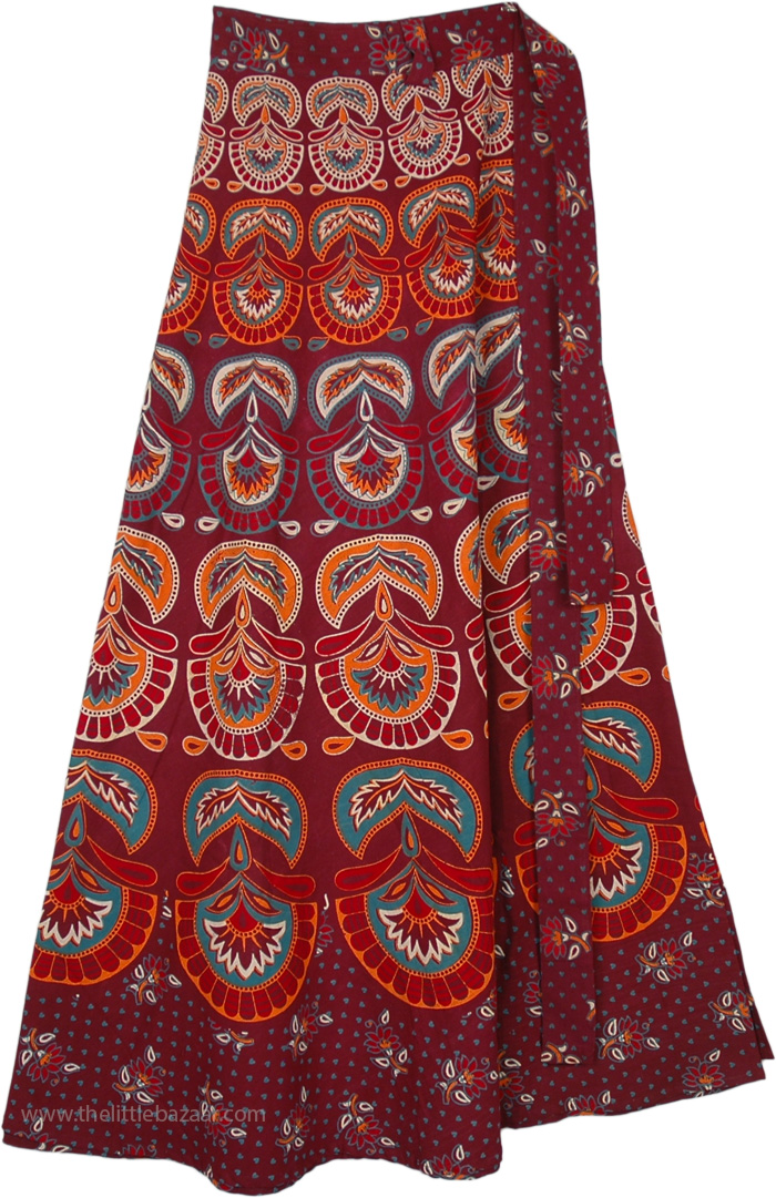 Ethnic Block Print Wrap Skirt in Firebrick Red | Red | Wrap-Around ...