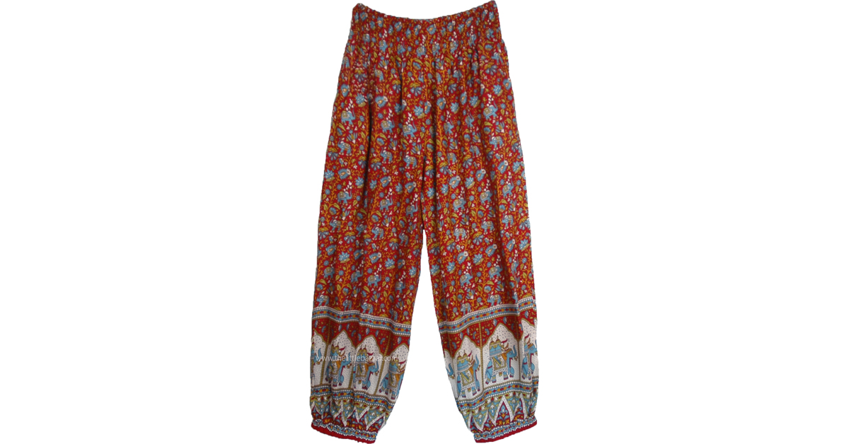 Gypsy Red Harem Pants with Blue Indian Elephant Pattern | Red | Split ...