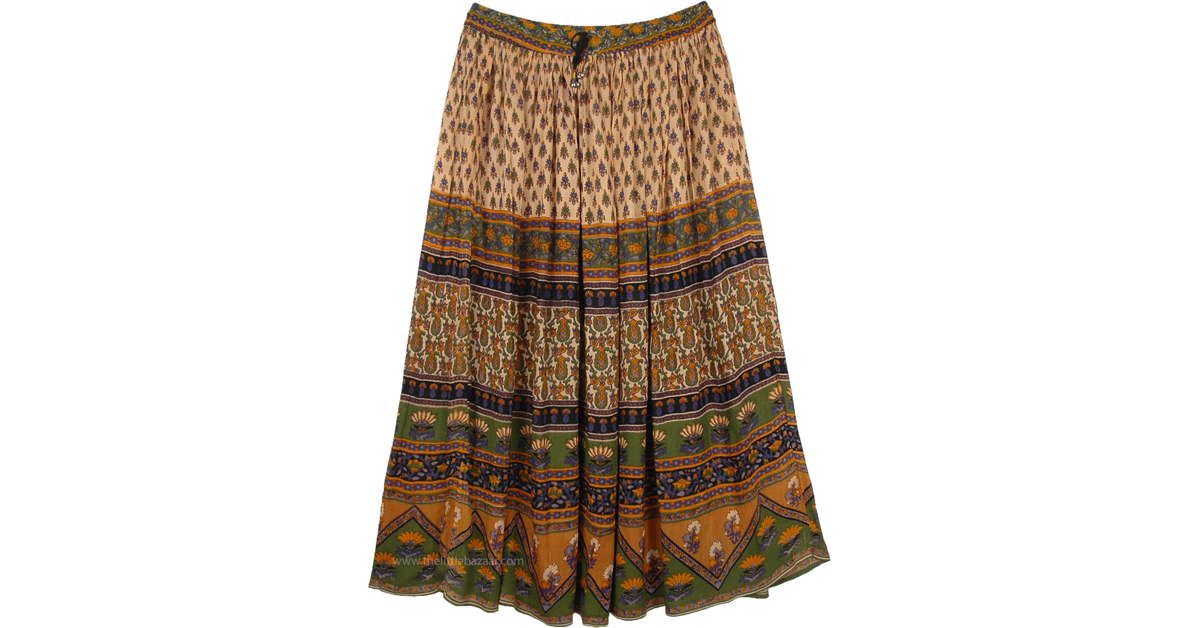 Ethnic Gypsy Maxi Skirt with Floral Patterns in Beige | Orange | Misses ...
