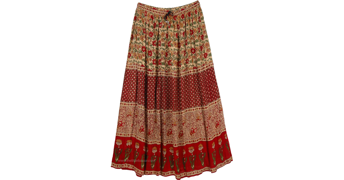Carmine Red Rayon Long Skirt with Delicate Floral Designs | Red ...