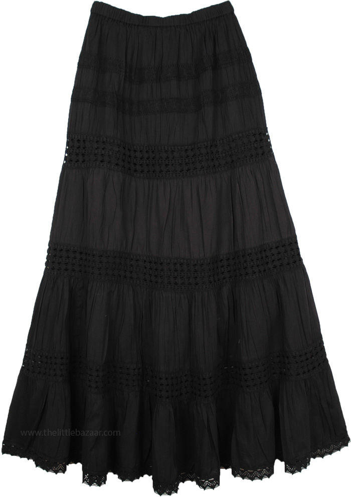 Charisma Black Tiered Long Skirt with Crochet Detail | Black | Crochet ...