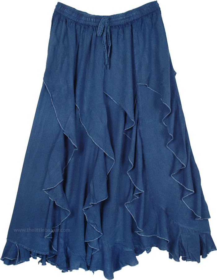 Curved Tier Asymmetrical Hem Solid Blue Skirt with Ruffles and Flare, Blue Curved Tier Ruffled Skirt Asymmetrical Hem