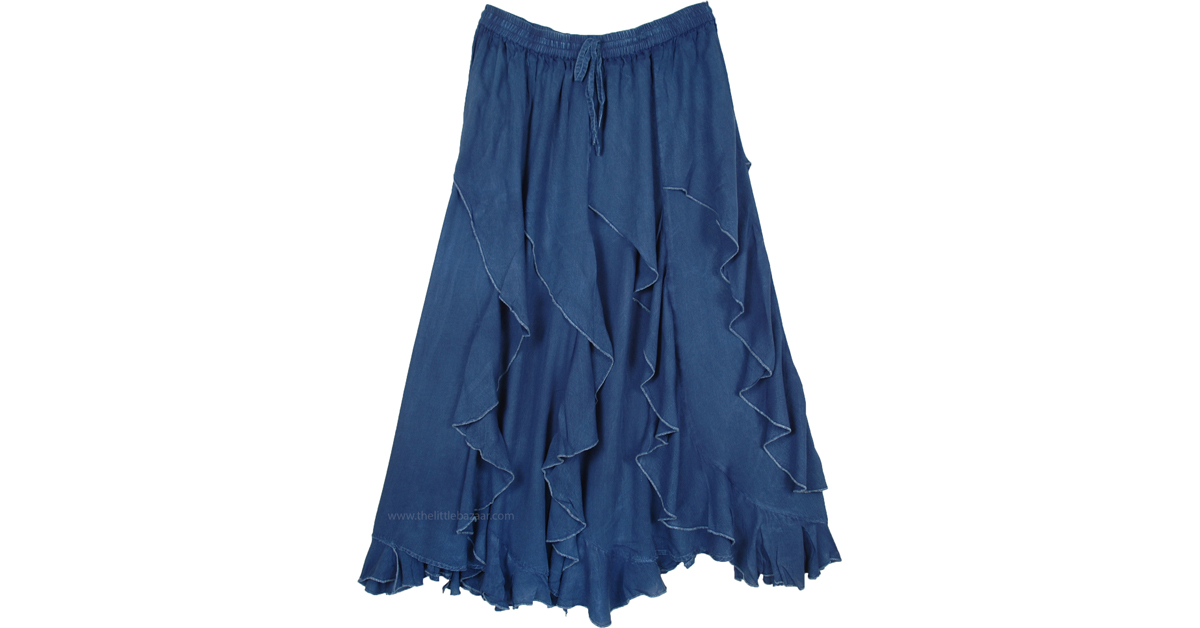 Indigo Blue Curved Tier Skirt with Ruffles and Asymmetrical Hem