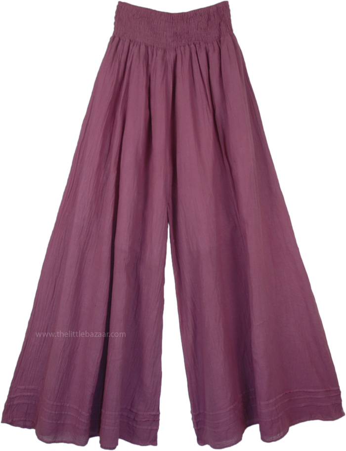 Wild Plum Wide Leg Cotton Palazzo Pants with Shirred Waist | Purple ...