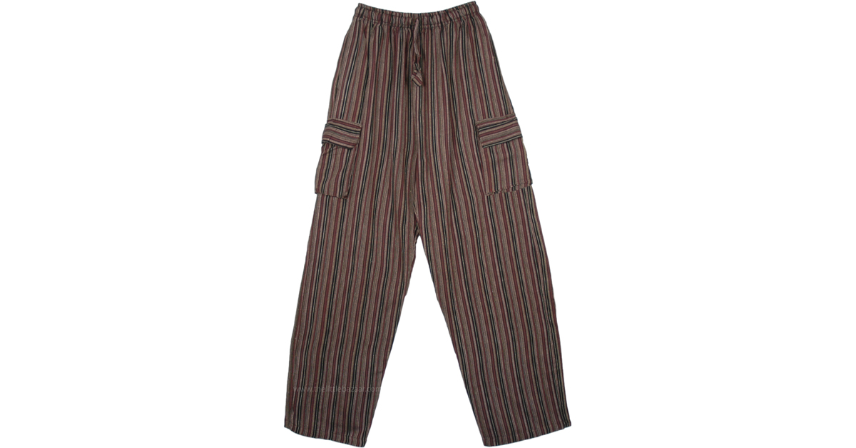 Brown Black Cotton Striped Unisex Boho Trousers with Pockets | Black ...