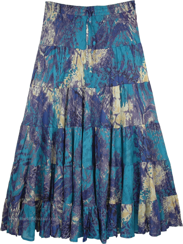 Celest Blue Wave Boho Gypsy Long Flared Skirt | Blue | Misses, Tiered ...