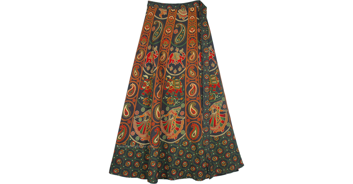 Dancing Girl Green Wrap Skirt with Traditional Elephants | Green | Wrap ...