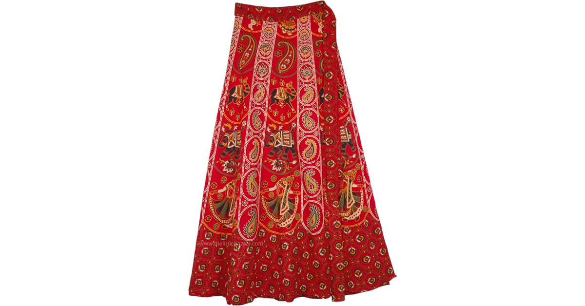A Majestic Indian Elephant Print Skirt in Cotton | Red | Wrap-Around ...