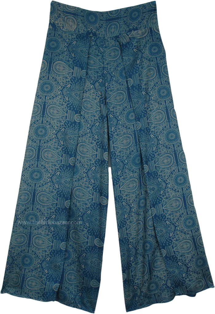 Teal Mandala Rayon Front Slit Wide Leg Palazzo Pants | Blue | Split ...