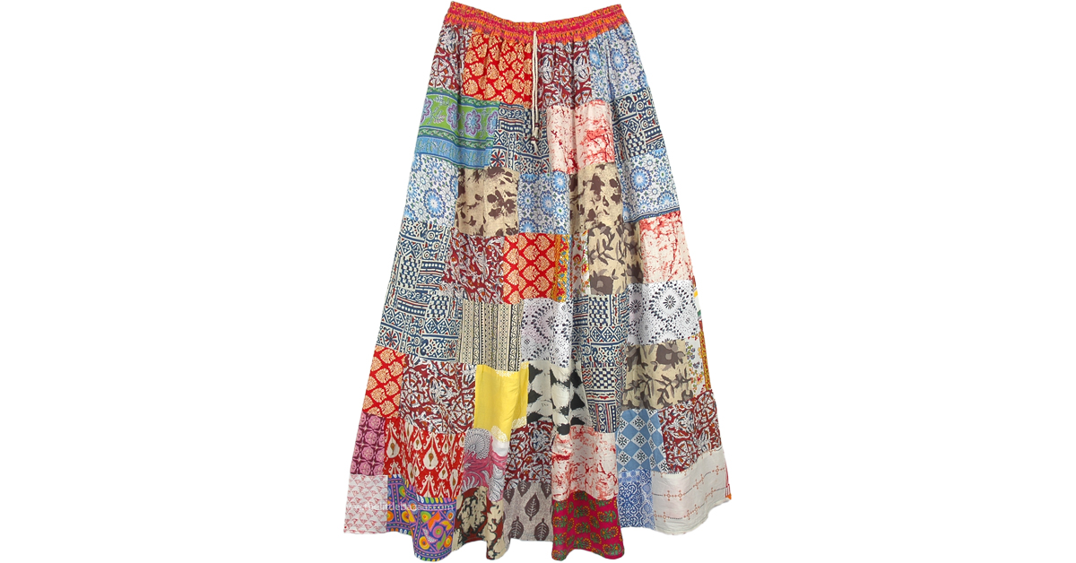 Summer Tones Hippie Patchwork Long Maxi Cotton Skirt | Multicoloured ...