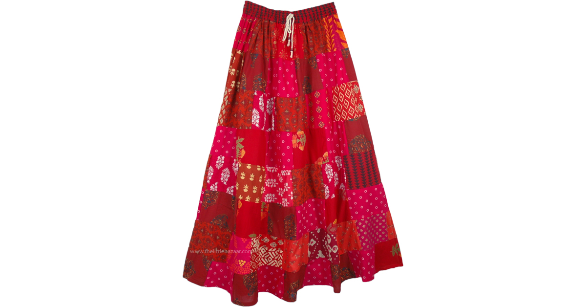 Tiered Red Pink Patchwork Style Cotton Long Gypsy Skirt | Pink ...