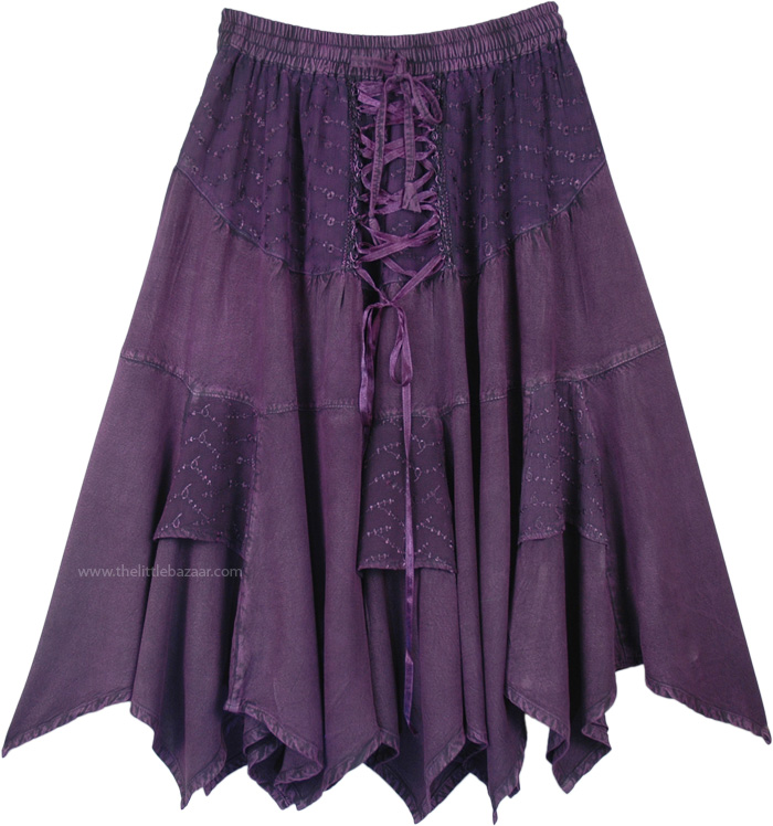 Medieval Mid Length Scottish Skirt Corset Style Waist Handkerchief Hem, Voodoo Purple Western Mid Length Handkerchief Hem Skirt