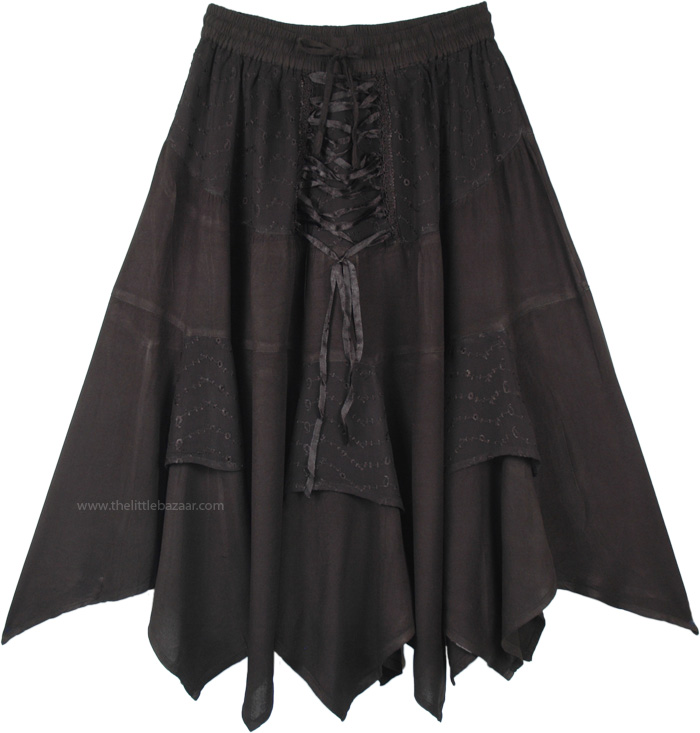 Black Handkerchief Hem Western Rayon Skirt, Spooky Black Western Mid Length Handkerchief Hem Skirt