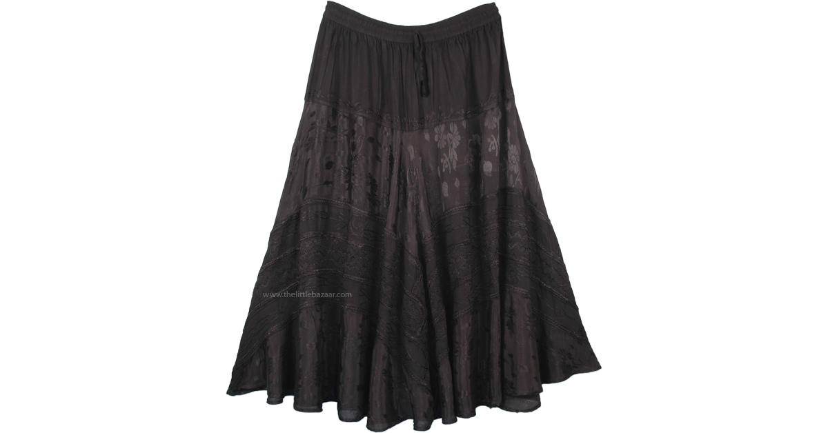 Black Embroidered Western Style Midi Length Skirt | Black | Junior-Petite