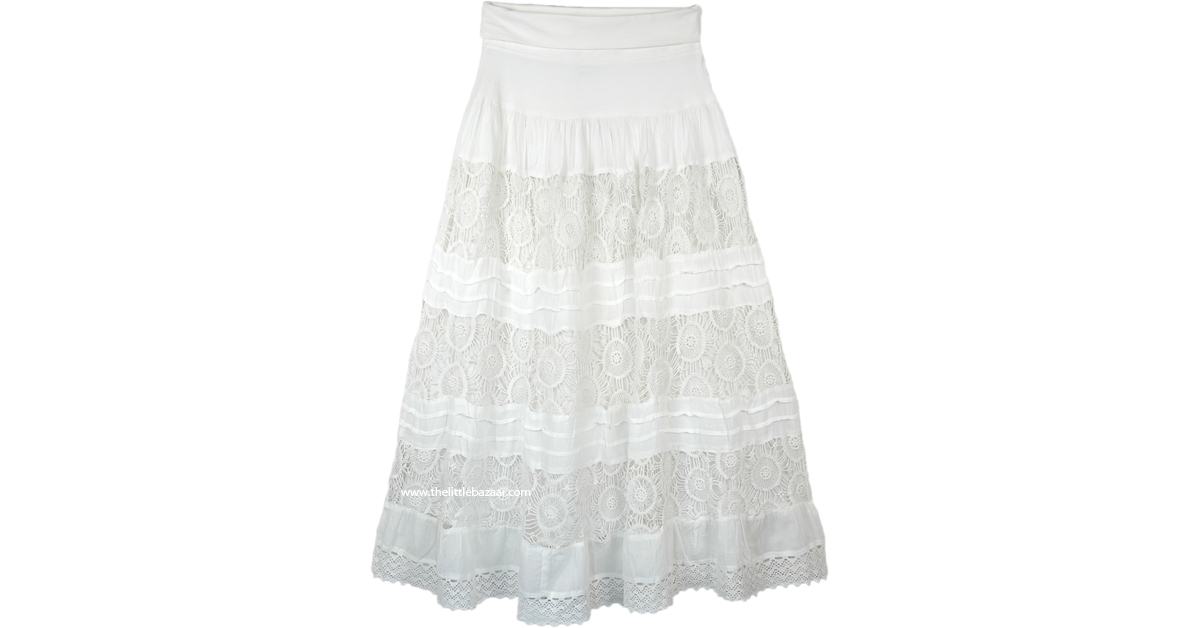 Dove White Floral Lace Crochet Maxi Skirt in Cotton | White | Crochet ...
