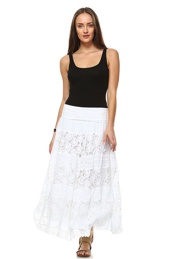 Dove White Floral Lace Crochet Maxi Skirt in Cotton | White | Crochet ...