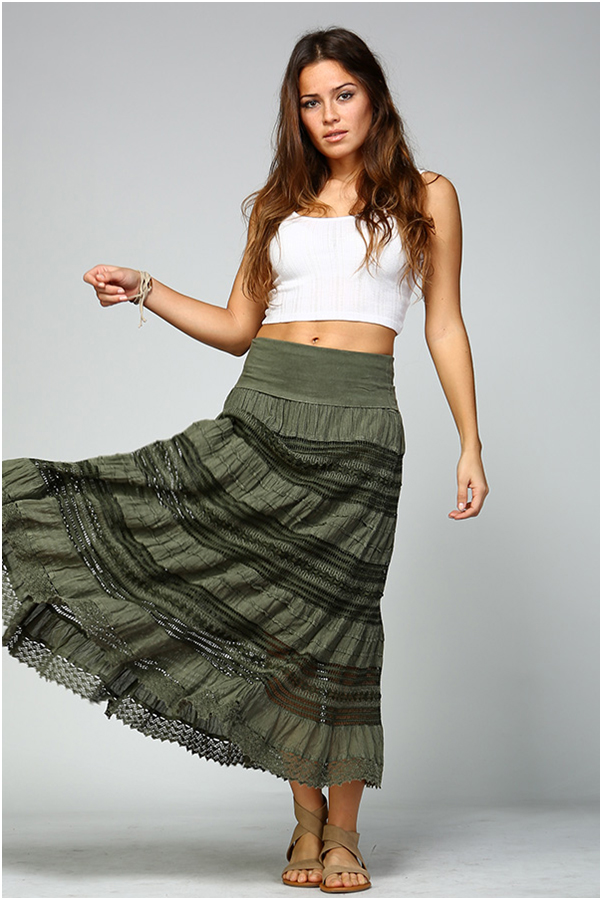 Olive Green Flexible Yoga Waist Maxi Long Cotton Skirt | Green ...