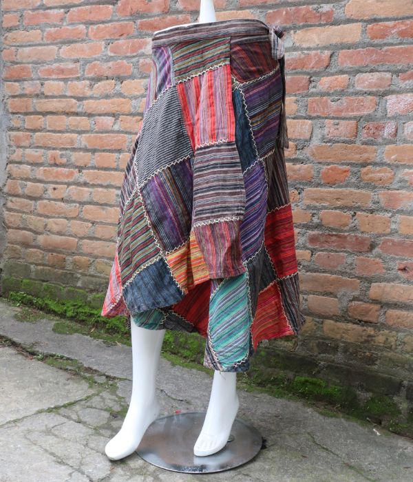 Striped Multi-Colored Cotton Patchwork Wrap Around Skirt ...