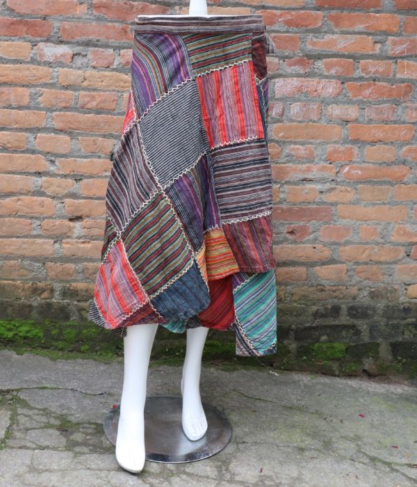Striped Multi-Colored Cotton Patchwork Wrap Around Skirt ...