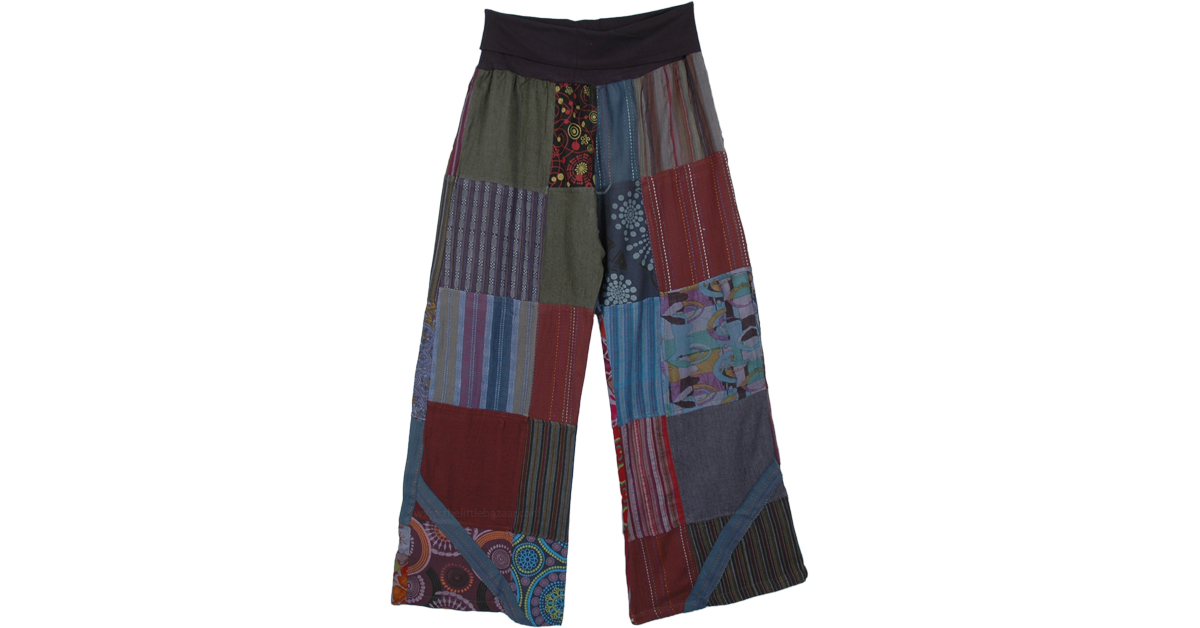 Fall Bloom Boho Patchwork Cotton Yoga Waist Pants