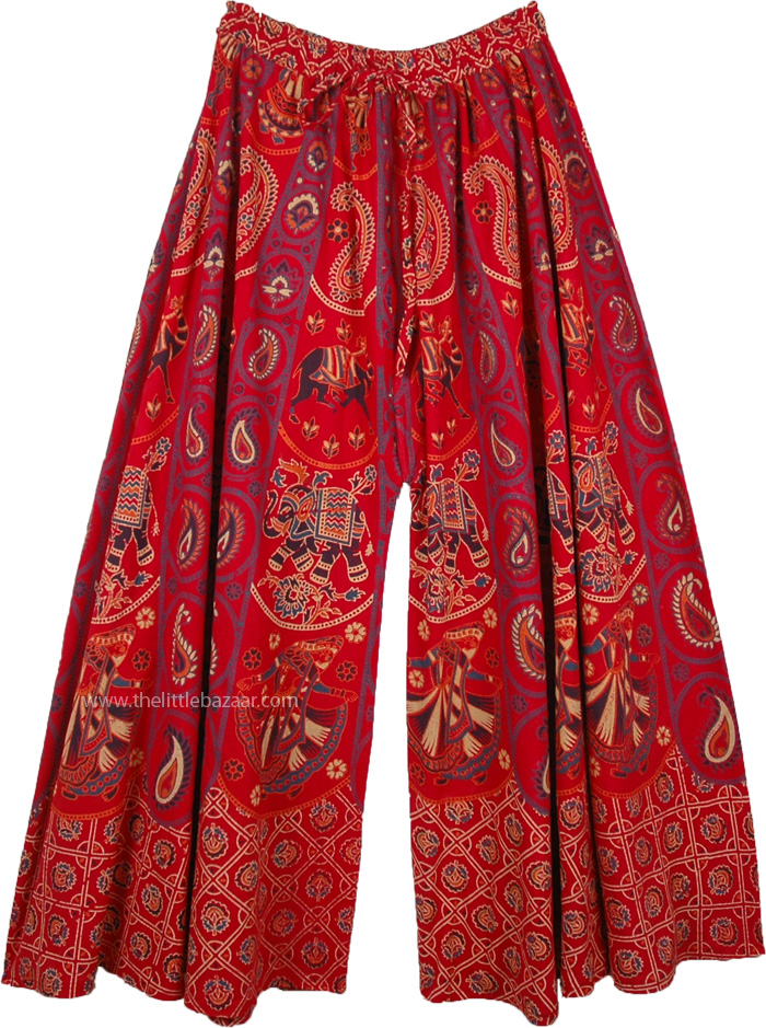 Tomato Red Wide Leg Full Flare Cotton Elephants Pants for Women | Red ...