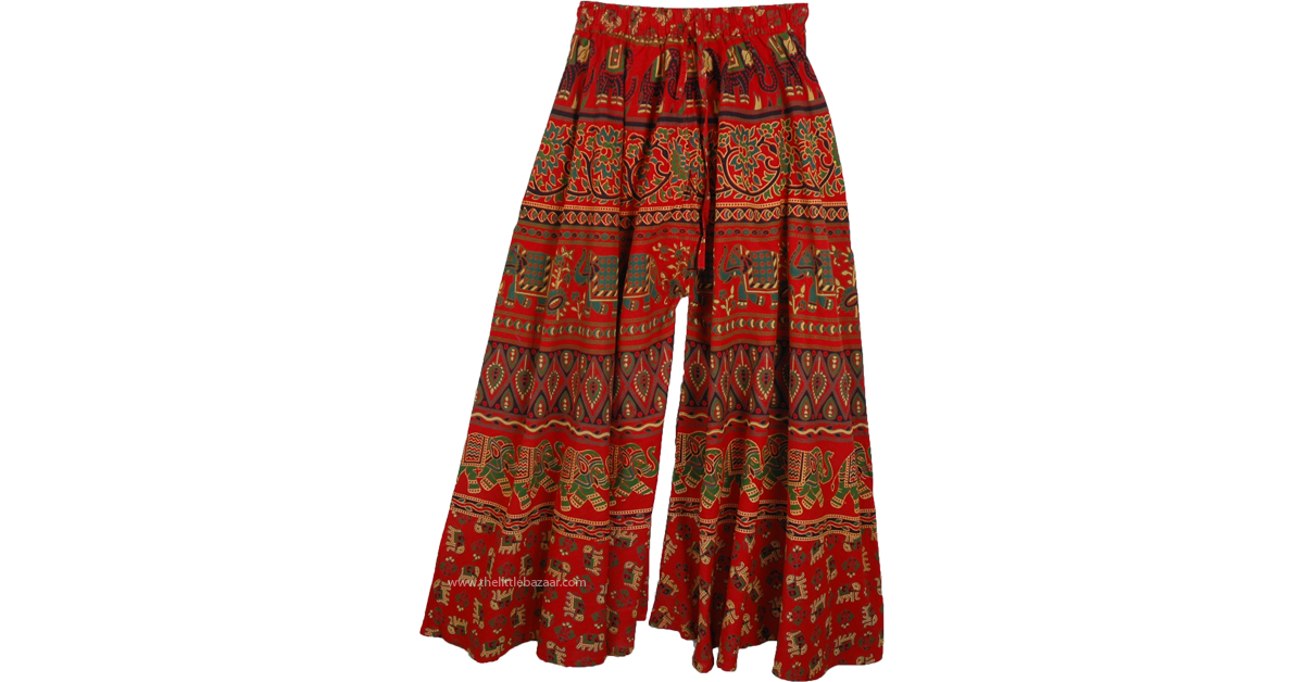 Boho Wide Leg Pants For Women Red Green Elephants Print | Red | Split ...