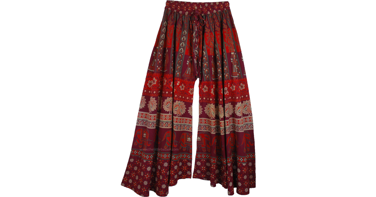 Wine Split Skirt Cotton Pant with Animal Print Wide and Flared | Red ...